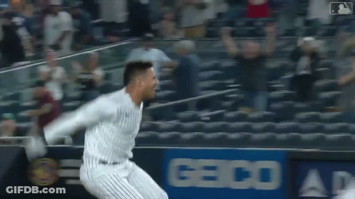 A Baseball Player Is Jumping In The Air In Front Of A Crowd At A Game . GIF