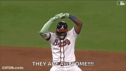 A Baseball Player Is Kneeling On The Field And Saying `` They Are Awesome ! '' GIF