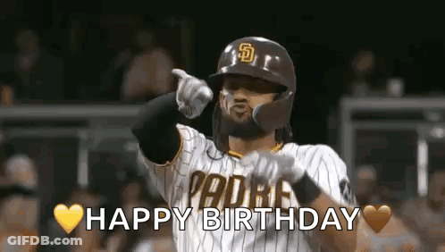 A Baseball Player Is Pointing At The Camera While Wearing A Helmet And Gloves And Says `` Happy Birthday '' . GIF