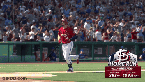 A Baseball Player Is Running On The Field With A Home Run Sign Behind Him GIF