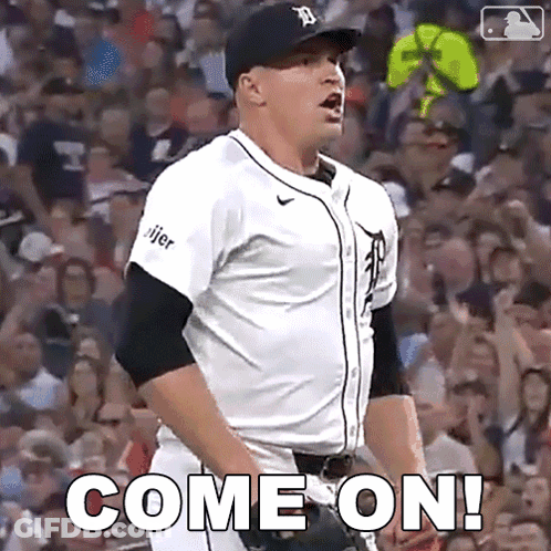 A Baseball Player Is Standing In Front Of A Crowd And Says Come On . GIF