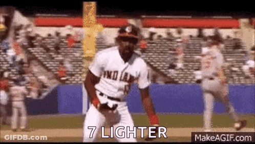 A Baseball Player Is Standing On A Field With The Words `` 7 Lighter '' Above Him . GIF