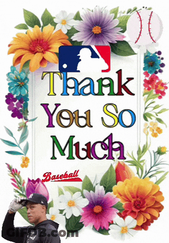 A Baseball Player Is Surrounded By Flowers And A Sign That Says Thank You So Much GIF