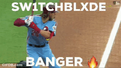 A Baseball Player Is Swinging A Bat And The Words Switchblxde Banger Are On The Bottom GIF