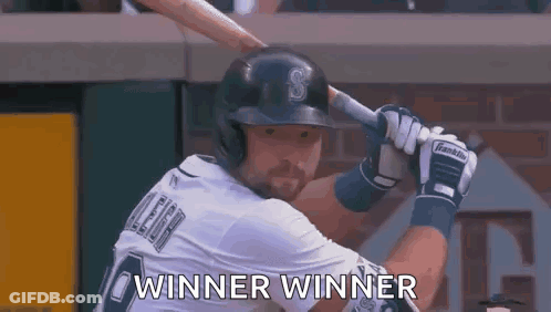 A Baseball Player Is Swinging A Bat And The Words `` Winner Winner '' Are Written On The Screen . GIF
