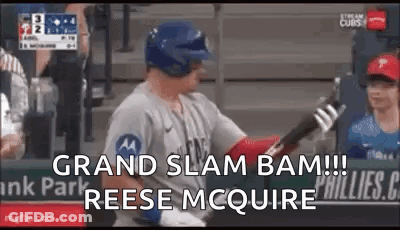 A Baseball Player Is Swinging A Bat At A Ball And Says `` Grand Slam Bam !!! '' . GIF
