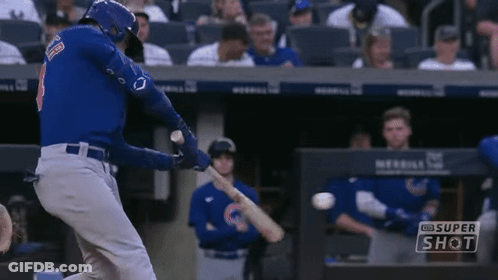 A Baseball Player Is Swinging A Bat At A Ball With A Super Shot Logo In The Background . GIF