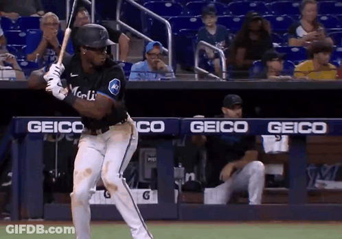 A Baseball Player Is Swinging At A Ball In Front Of A Geico Banner GIF