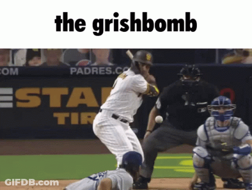 A Baseball Player Is Swinging At A Ball With The Words The Grishbomb Written Above Him GIF