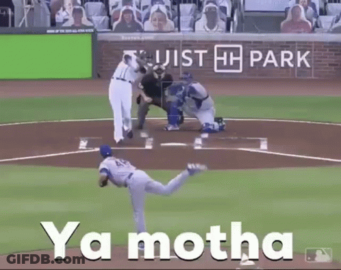 A Baseball Player Is Throwing A Ball On A Field With The Words Ya Motha Written On The Bottom . GIF
