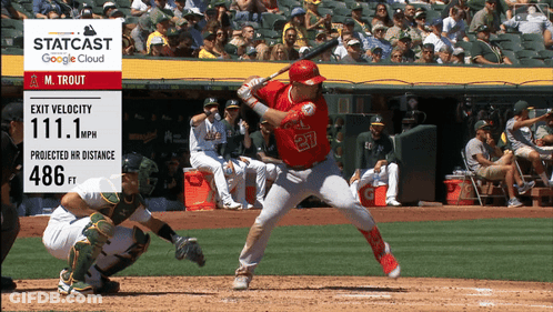 A Baseball Player Named M. Trout Swings At A Pitch GIF