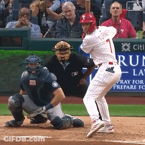 A Baseball Player Named Turner Is About To Swing At A Pitch GIF