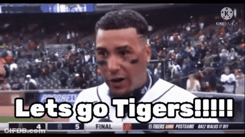 A Baseball Player Says Let 'S Go Tigers On The Field During A Game . GIF