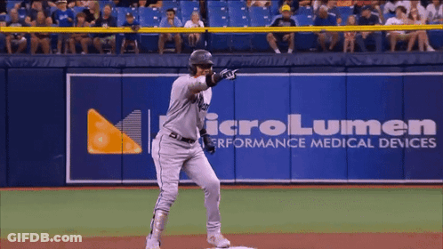 A Baseball Player Stands In Front Of A Microlumen Advertisement GIF
