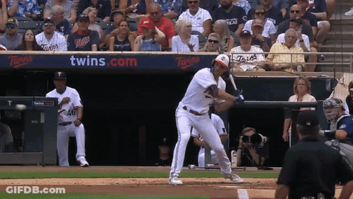 A Baseball Player Swings His Bat At A Ball In Front Of A Twins.com Banner GIF