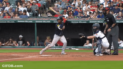 A Baseball Player Swings His Bat At A Pitch In Front Of A Banner For Sherwin Williams GIF
