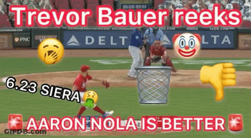 A Baseball Player Throws A Ball Into A Trash Can With The Words Trevor Bauer Reeks Aaron Nolais Better GIF