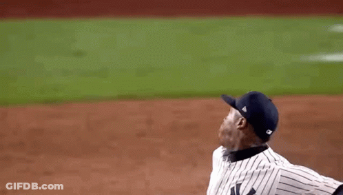 A Baseball Player Throws A Ball While Wearing A New York Yankees Jersey GIF
