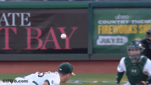 A Baseball Player Throws The Ball In Front Of A Sign That Says Fireworks GIF