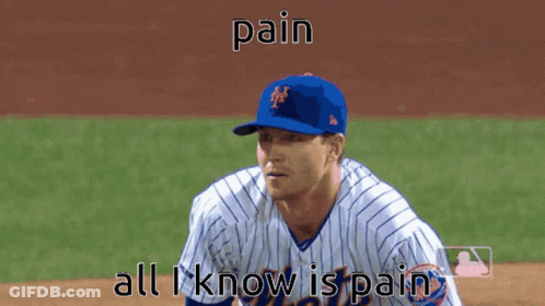 A Baseball Player Wearing A Blue Hat With The Letter M On It Says Pain All I Know Is Pain GIF