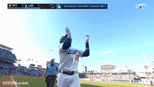 A Baseball Player Wearing A Dodgers Jersey Is Standing On The Field GIF