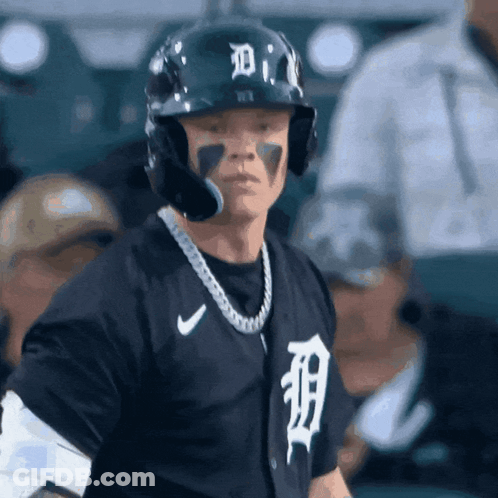 A Baseball Player Wearing A Helmet That Has The Letter D. On It GIF