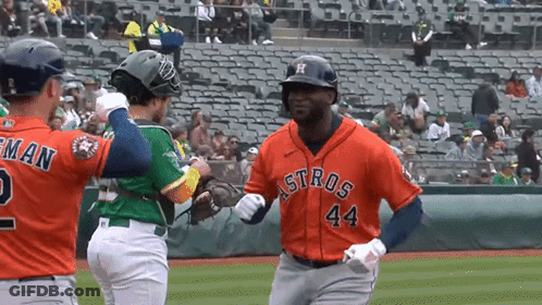 A Baseball Player Wearing A Jersey That Says Astros 44 GIF