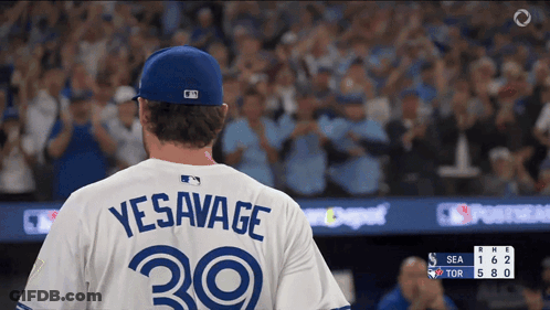 A Baseball Player Wearing A Jersey That Says Yesavage On The Back GIF