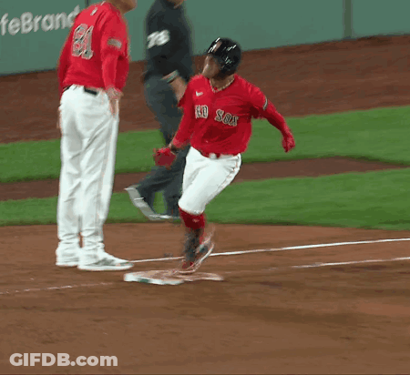 A Baseball Player Wearing A Red And White Jersey With The Word Red Sox On It GIF