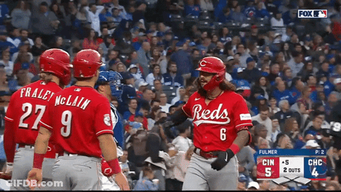 A Baseball Player Wearing A Red Jersey With The Number 6 GIF