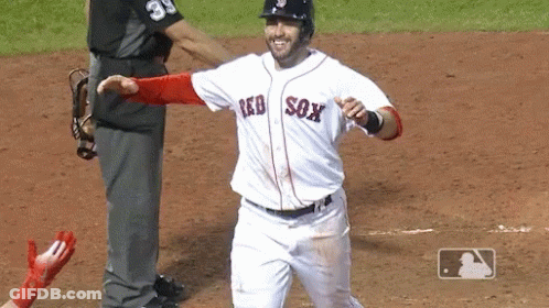 A Baseball Player Wearing A Red Sox Jersey Celebrates A Home Run GIF