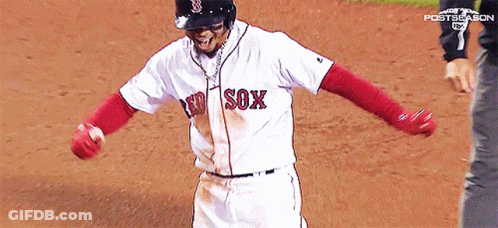 A Baseball Player Wearing A Red Sox Jersey Is Standing On The Field GIF