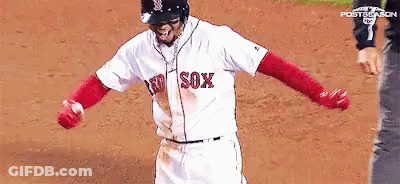 A Baseball Player Wearing A Red Sox Jersey Is Standing On The Field GIF