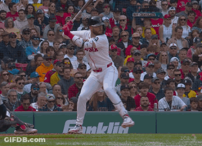A Baseball Player Wearing A Red Sox Jersey Stands In Front Of The Crowd GIF