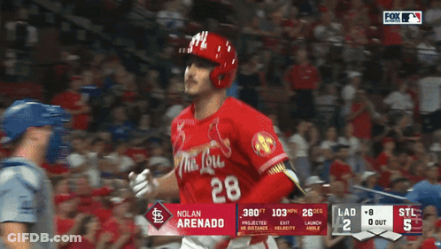 A Baseball Player Wearing A Red Uniform With The Letters S On It GIF