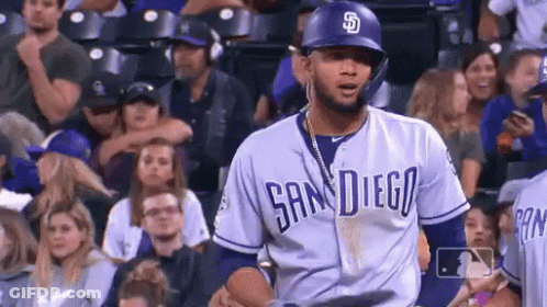 A Baseball Player Wearing A San Diego Jersey Is Standing In The Stands . GIF