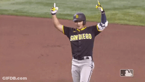 A Baseball Player Wearing A San Diego Jersey Is Standing On The Field . GIF
