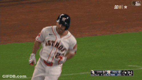 A Baseball Player Wearing A White Jersey With The Number 27 On It GIF