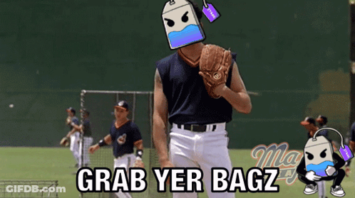 A Baseball Player With A Tea Bag On His Head And The Words Grab Yer Bagz GIF