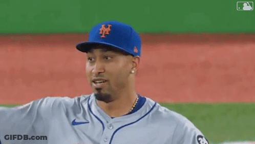 A Baseball Player With His Arms In The Air Wearing A Mets Hat . GIF