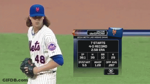 A Baseball Player With The Name Jacob De Grom On The Front Of His Jersey GIF