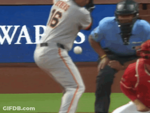 A Baseball Player With The Number 16 On His Jersey Swings At A Ball GIF
