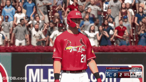 A Baseball Player With The Number 21 On His Jersey Stands In Front Of A Crowd GIF