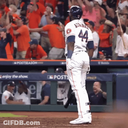 A Baseball Player With The Number 44 On His Jersey Stands On The Field GIF
