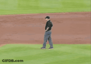 A Baseball Umpire Wearing A Ny Hat Stands On The Mound GIF