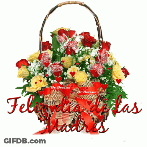 A Basket Of Flowers With The Words Feliz Dia De Las Madres Written On It GIF