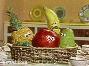 A Basket Of Fruit With Googly Eyes Sits On A Table Next To Cups And Saucers GIF