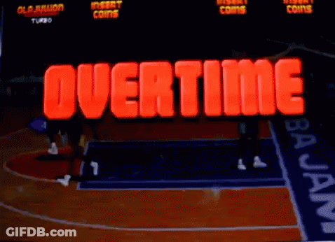 A Basketball Court With The Word Overtime On The Screen GIF