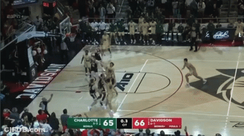 A Basketball Game Between Charlotte And Davidson With The Score 65 To 66 GIF