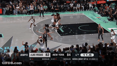 A Basketball Game Between Las Vegas And New York With The Score 82 To 84 GIF
